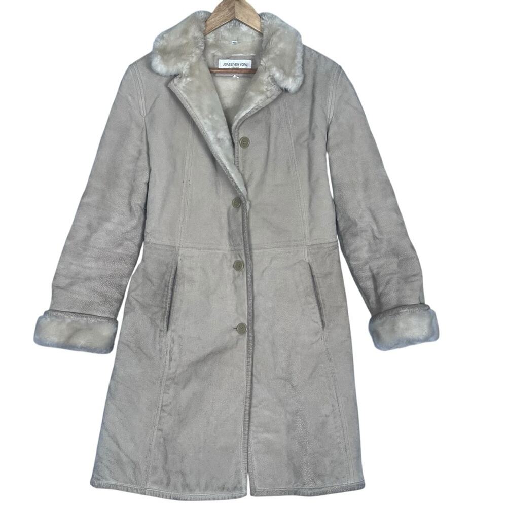 Jones New York Suede Leather Over Coat Faux Fur Lining Size Small Beige Cream
